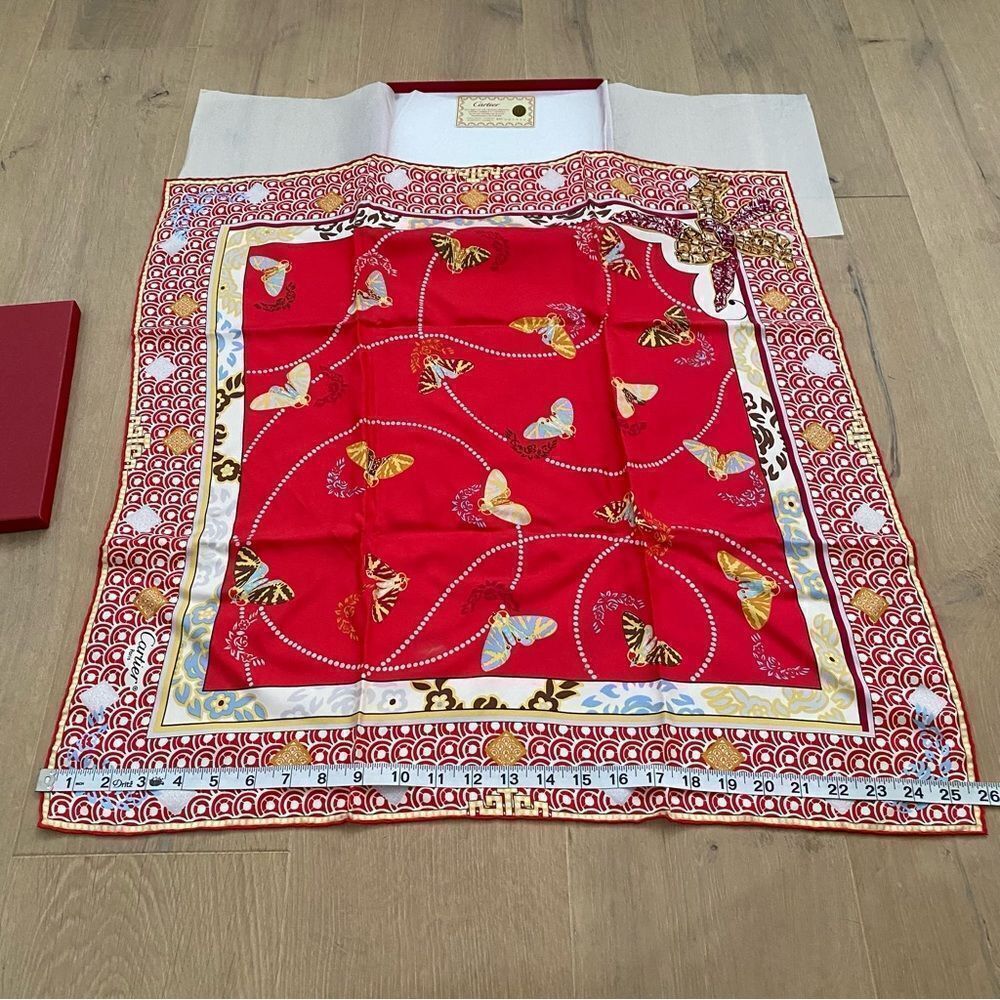 NEW Cartier Paris Red White Silk Crepe Butterflies Moth Square Scarf Shawl - Picture 6 of 12